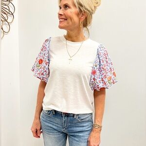 THML WHITE FLORAL PUFFY SLEEVE TOP SZ XS